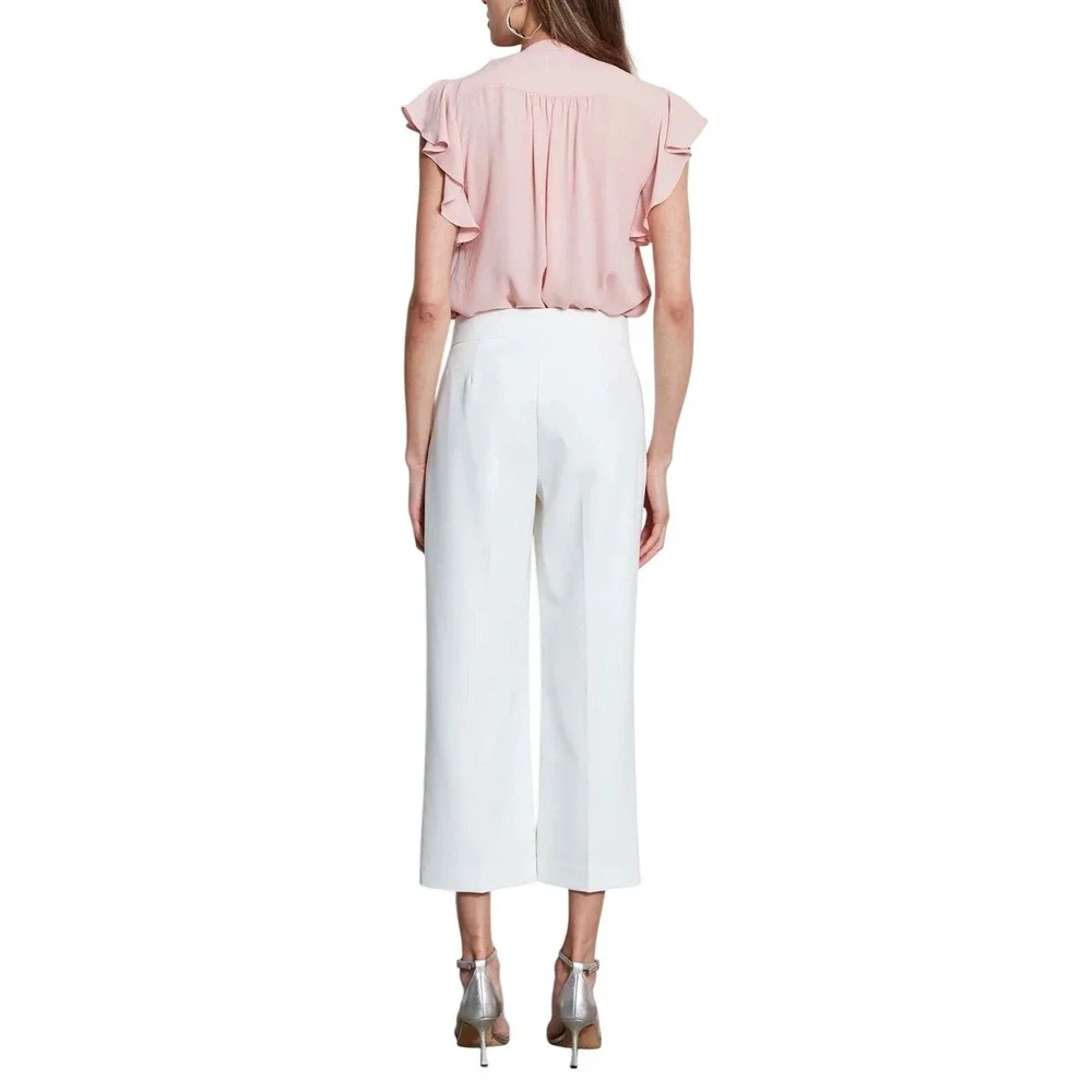Elie Tahari T Tahari White‎ Crepe Wide Leg Cropped Pants D-Ring Belt Size 8 NEW